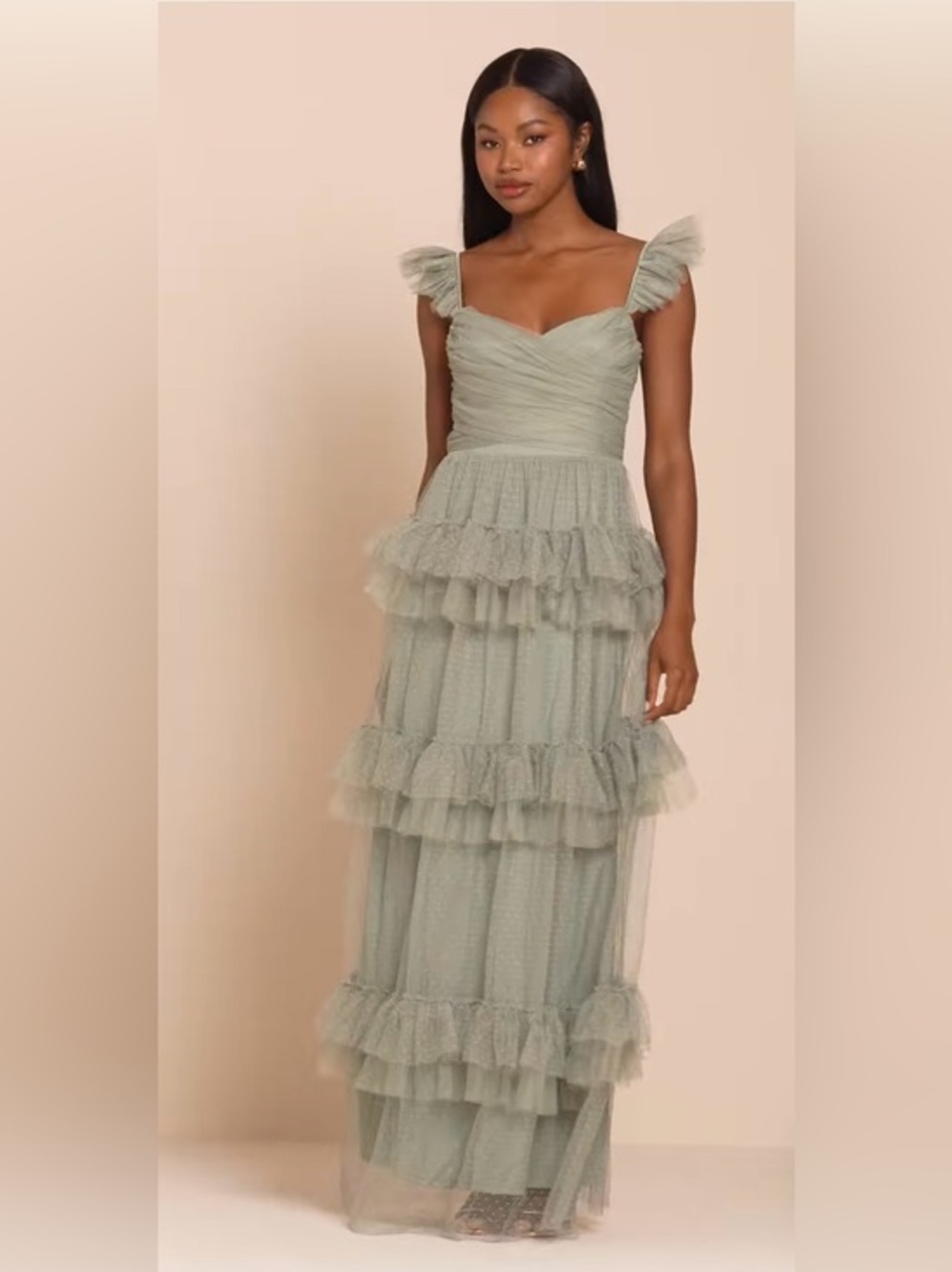 Lulu's Pure Radiance Sage Brush Mesh Swiss Dot Tiered Maxi Dress Ruffled